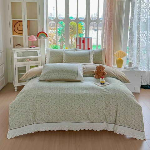 Lenjerie de pat  cu elastic si broderie, bumbac 100%, CREM, VERDE, CV-23 — imagine 3