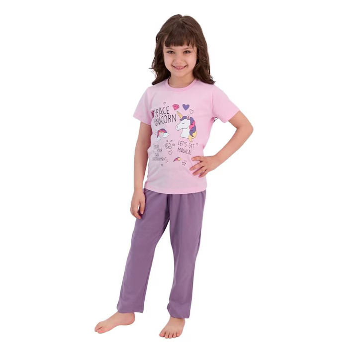 Pijama pentru fetițe cu mânecă scurtă și pantaloni lungi, imprimeu Space Unicorn, mov