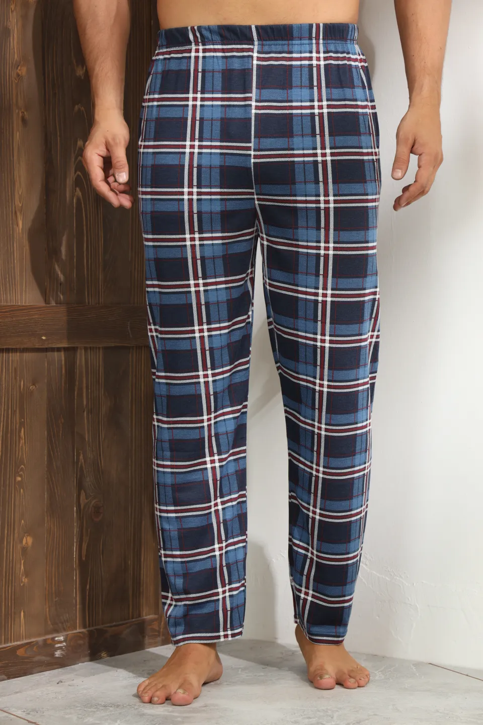 Pantaloni pijama bărbați albastru cu carouri roșii și albe, croială lejeră