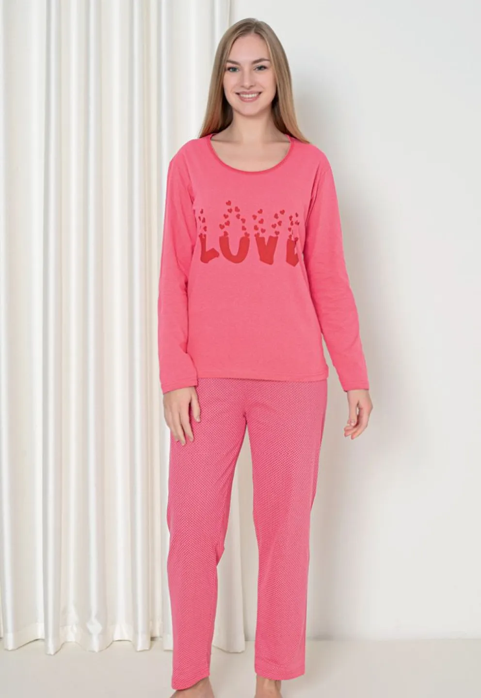 Pijama damă cu mânecă lungă și pantaloni lungi, imprimeu ,,Love'', culoare roz
