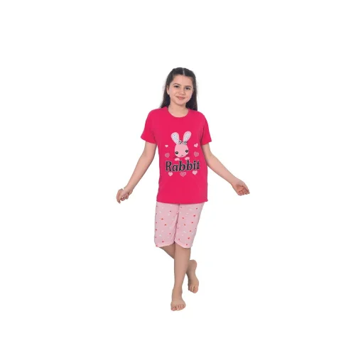 Pijama fetițe cu mânecă scurtă și pantalon 3/4, imprimeu Rabbit, roz închis