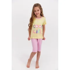 Pijama fetițe bumbac, mânecă scurtă și pantaloni 3/4, imprimeu Cool Girl, galben