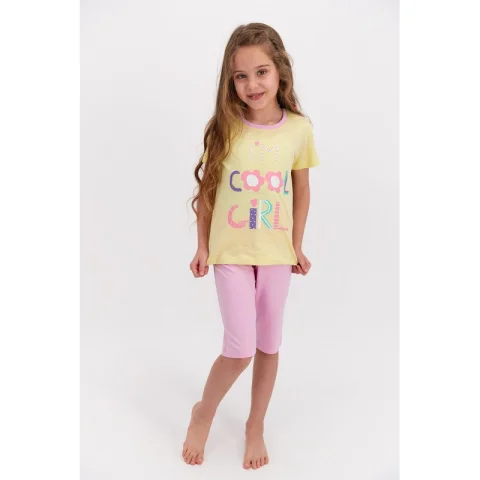 Pijama fetițe bumbac, mânecă scurtă și pantaloni 3/4, imprimeu Cool Girl, galben