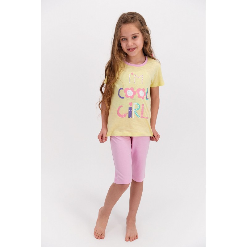 Pijama fetițe bumbac, mânecă scurtă și pantaloni 3/4, imprimeu Cool Girl, galben