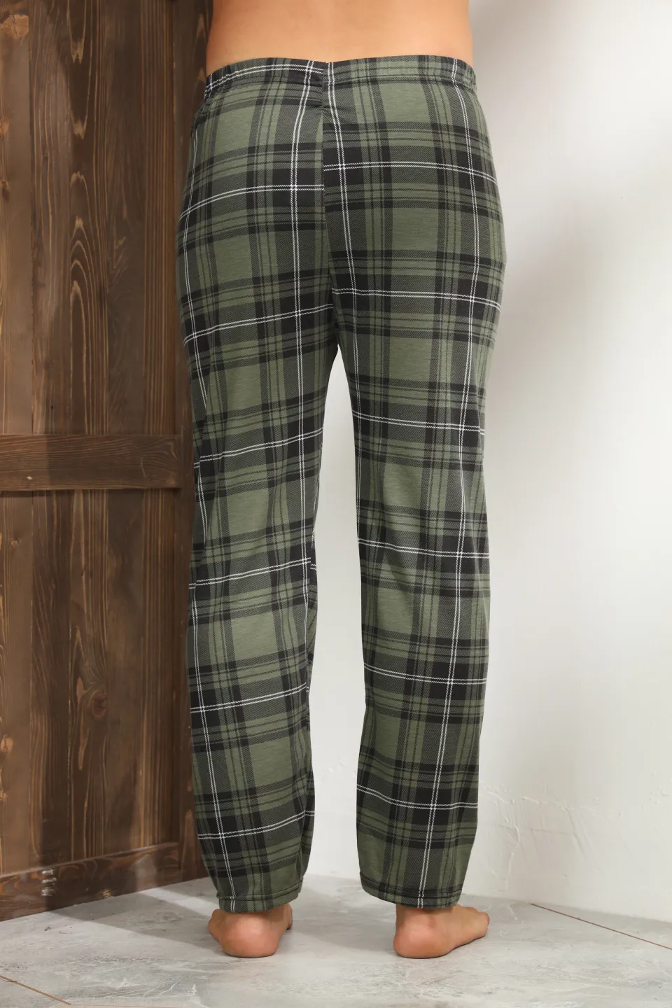Pantaloni pijama bărbați verde închis cu carouri negre și linii albe – croială lejeră-big size