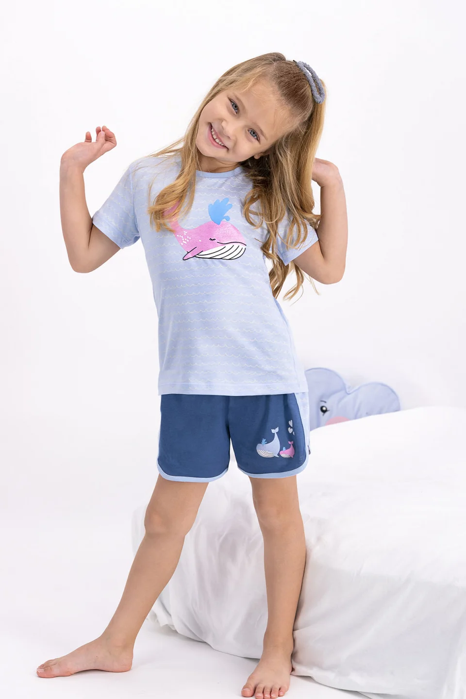 Pijama fetițe cu tricou și pantaloni scurți, imprimeu balenă, Albastru
