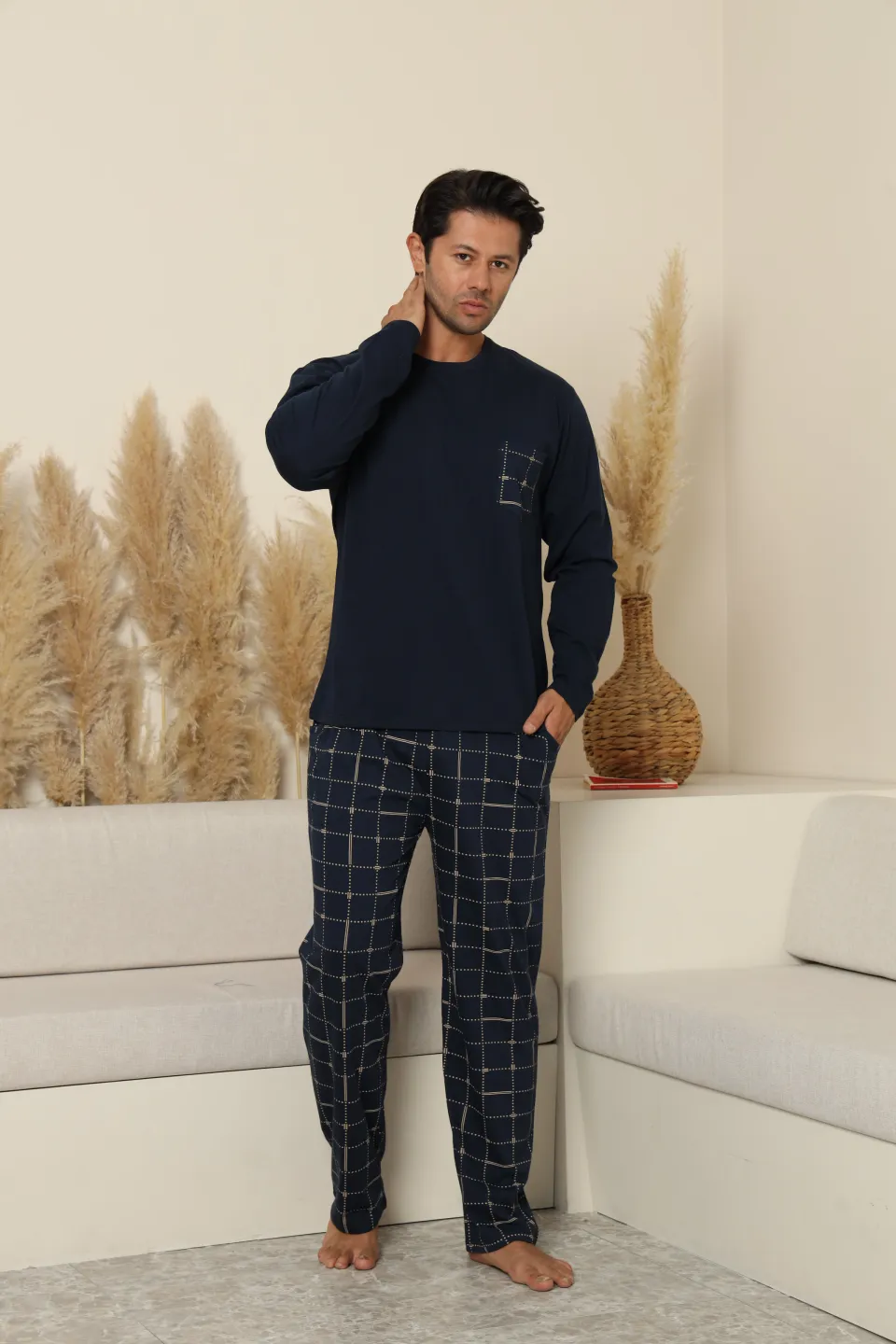 Pijamale bărbați bleumarin cu pantaloni lungi în carouri – 100% bumbac