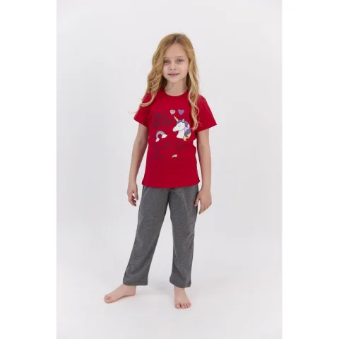 Pijama pentru fetițe cu mânecă scurtă și pantaloni lungi, imprimeu Space Unicorn, rosu