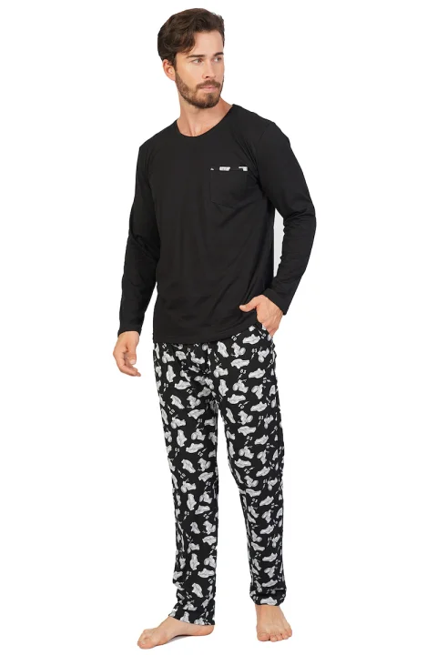 Pijamale Bărbați din Bumbac, Negru cu Imprimeu Mașinuțe, Pantaloni și Mâneci Lungi