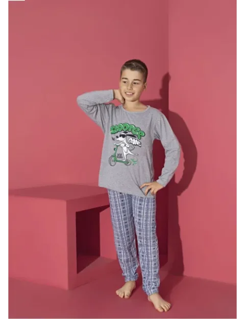 Pijama băieți cu mânecă lungă și pantaloni lungi, imprimeu Scooter, gri