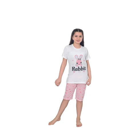 Pijama fetițe cu mânecă scurtă și pantalon 3/4, imprimeu Rabbit, alb