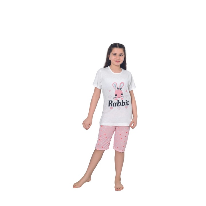 Pijama fetițe cu mânecă scurtă și pantalon 3/4, imprimeu Rabbit, alb