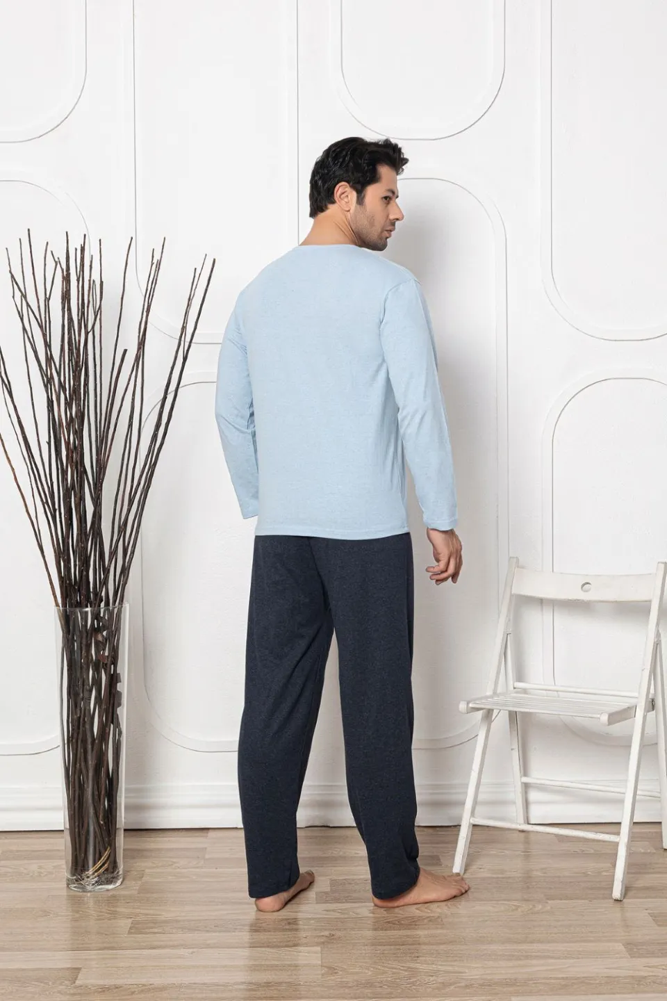 Pijama bărbați din bumbac, mânecă lungă și pantaloni lungi, imprimeu Time Never Waits, blue
