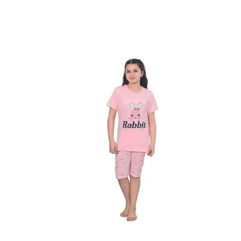 Pijama fetițe cu mânecă scurtă și pantalon 3/4, imprimeu Rabbit, roz deschis