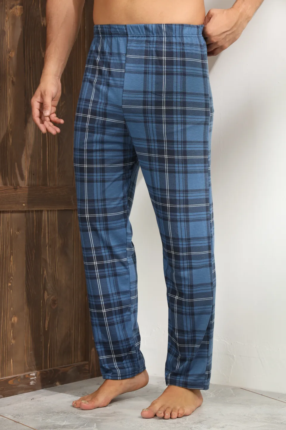 Pantaloni pijama bărbați navi cu carouri albe și linii negre – croială lejeră