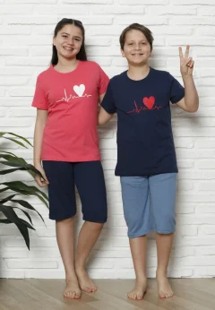Pijama familie-copii, bumbac, mânecă scurtă și pantaloni 3/4, gri