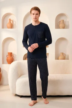 Pijama bărbați din bumbac 100% cu mâneci lungi – cu nasturi și buzunar, albastru închis