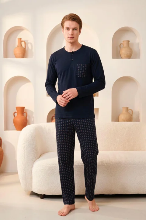Pijama bărbați din bumbac 100% cu mâneci lungi – cu nasturi și buzunar, albastru închis