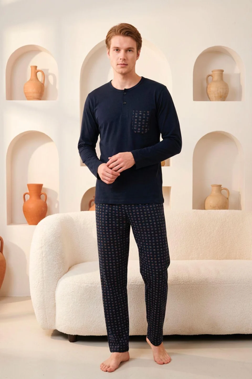 Pijama bărbați din bumbac 100% cu mâneci lungi – cu nasturi și buzunar, albastru închis