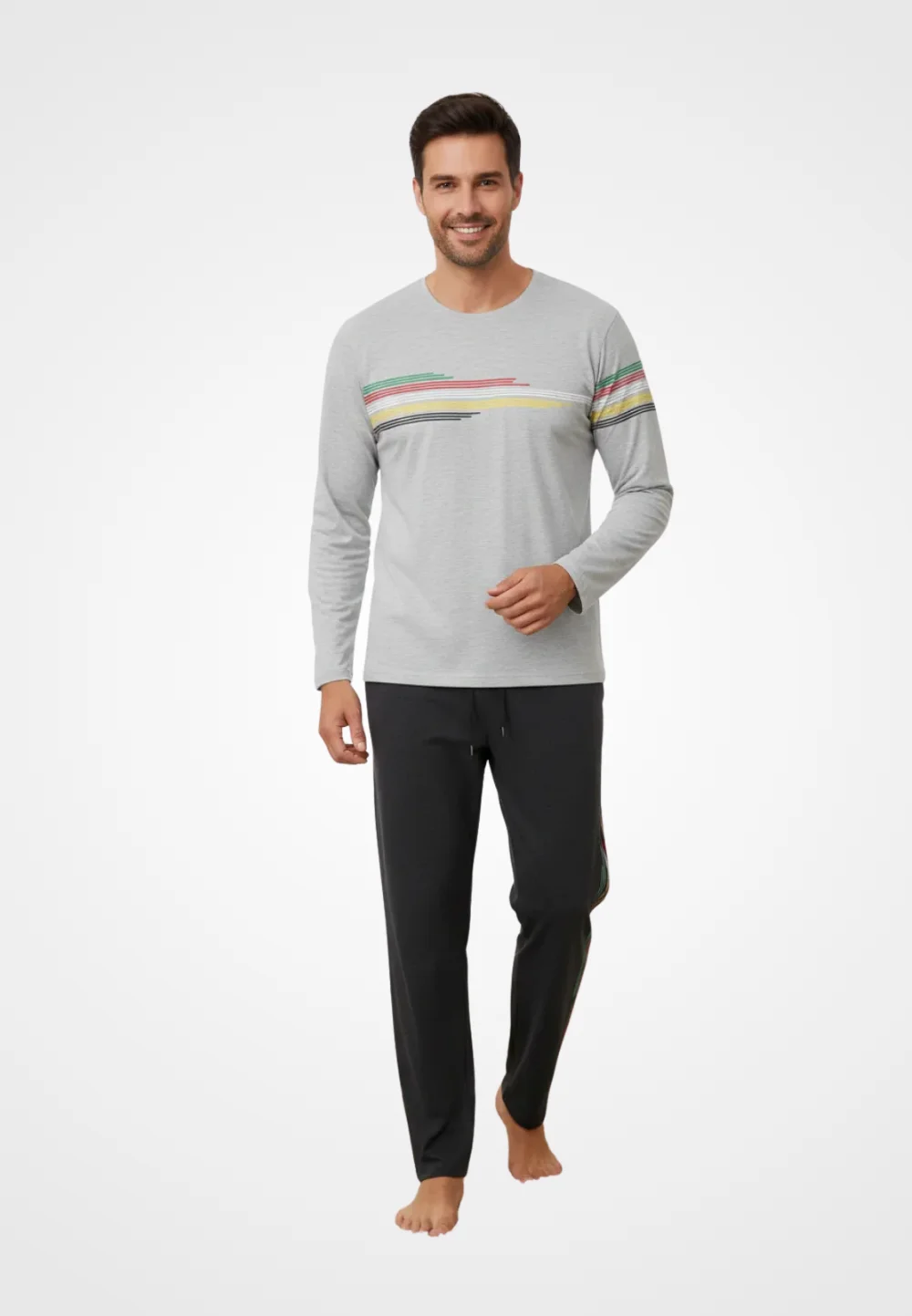 Pijama barbati din bumbac, bluza cu maneca lunga si pantaloni lungi, imprimeu dungi, gri