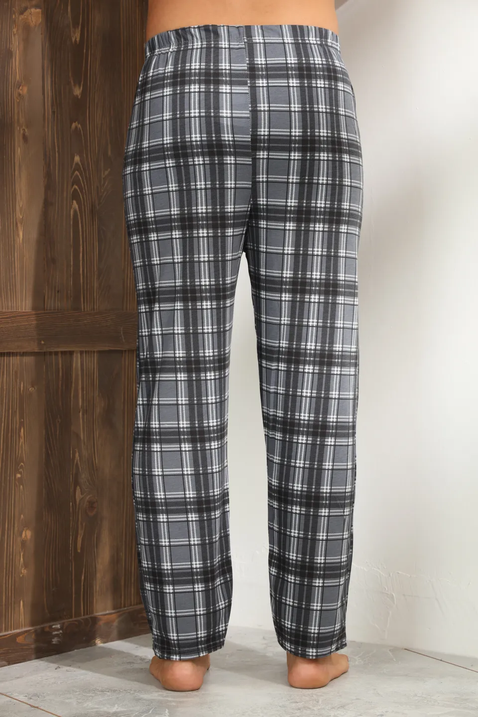 Pantaloni pijama bărbați gri cu linii albe în carouri, croială lejeră-big size