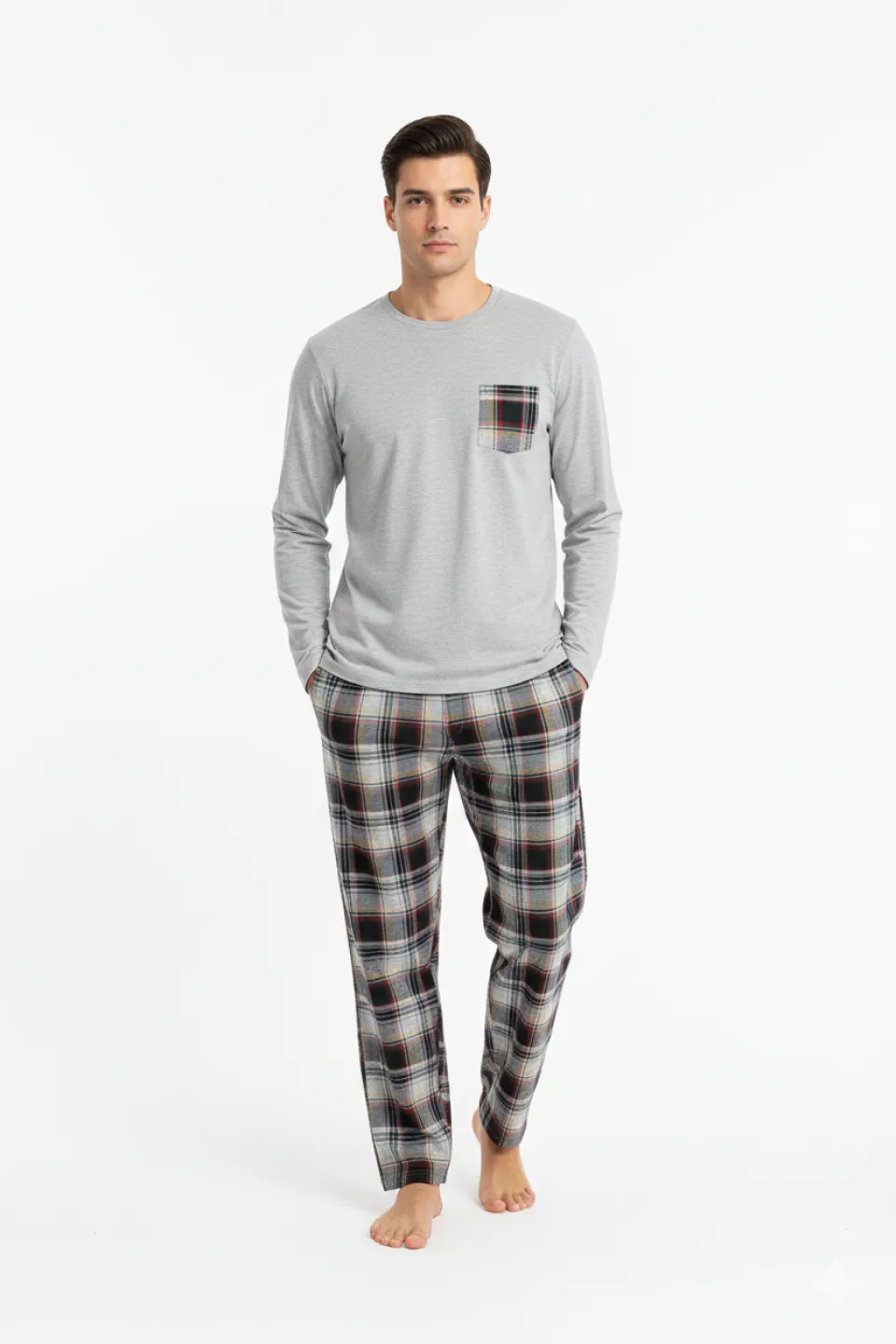 Pijama bărbați Freenight cu buzunar aplicat, mânecă lungă și pantaloni lungi, gri