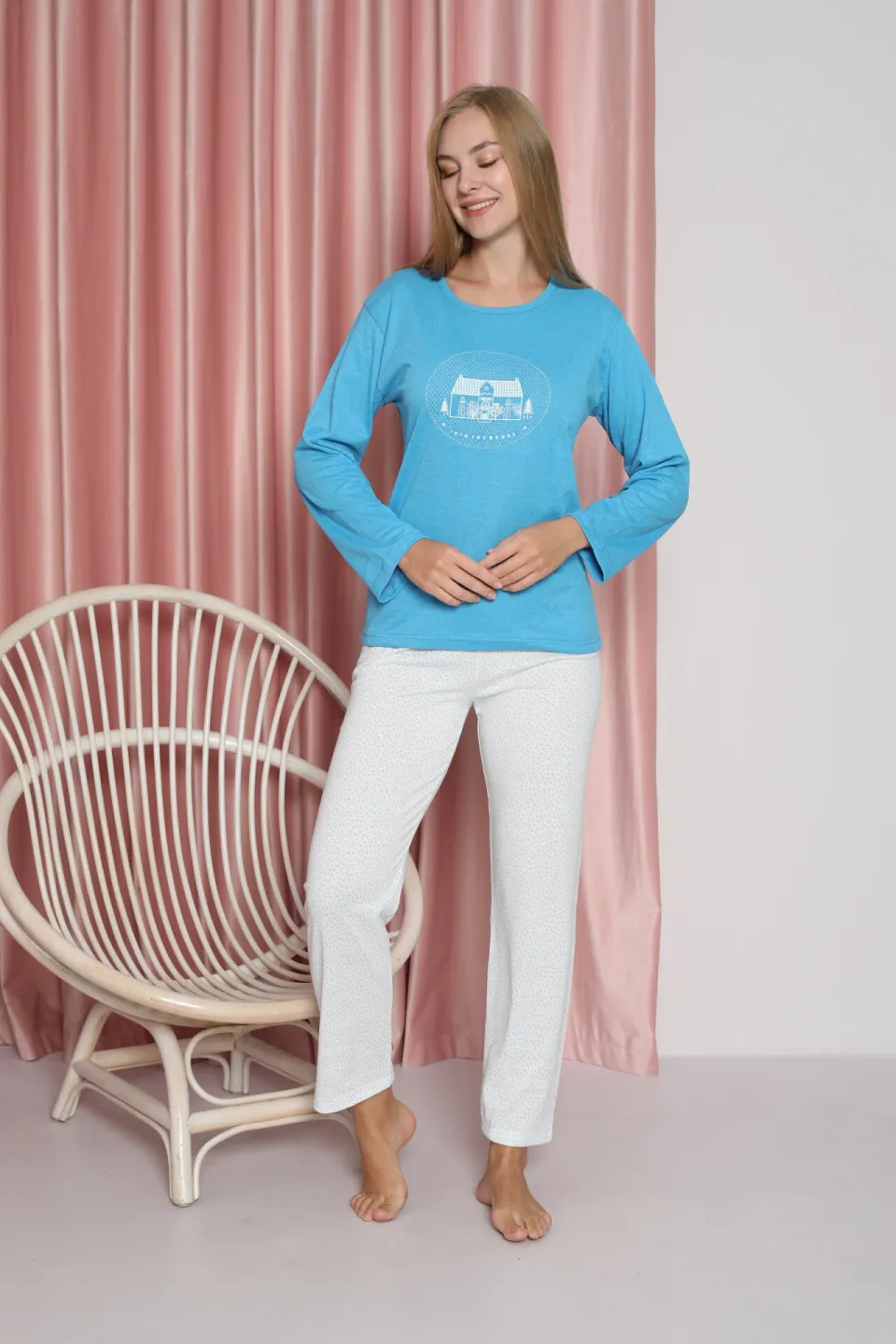 Pijama damă, cu mânecă lungă și pantaloni lungi din bumbac, imprimeu casă, culoare albastru