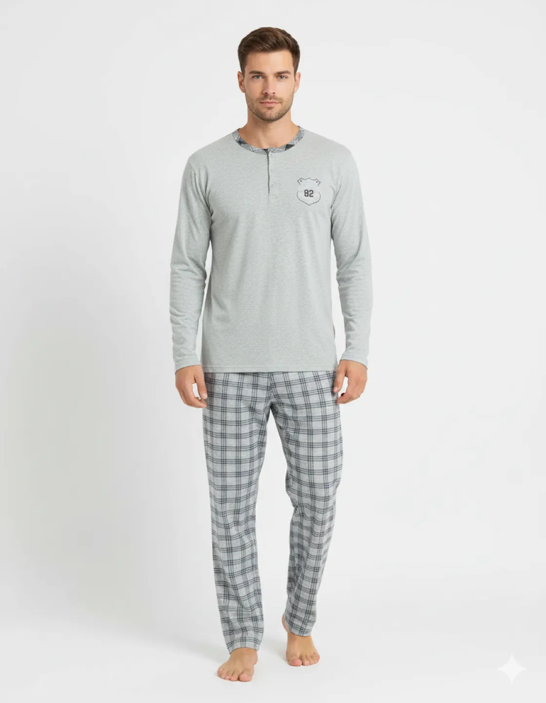 Pijama pentru bărbați, mânecă lungă și pantaloni lungi, gri
