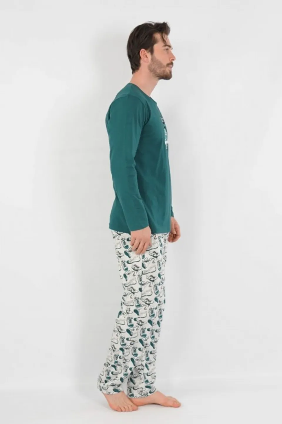 Pijamale Bărbați din Bumbac, Verde cu Imprimeu Tenesi, Pantaloni și Mâneci Lungi