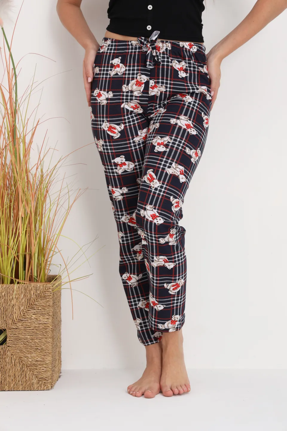 Pantaloni de pijama damă cu carouri și ursuleți, croială lejeră, bumbac & poliester