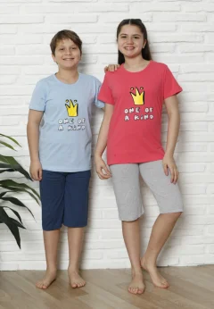 Pijama familie-copii, bumbac, mânecă scurtă și pantaloni 3/4, albastru