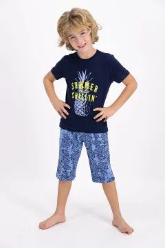 Pijama copii cu tricou și pantaloni trei sferturi, imprimeu ananas, culoare bleumarin