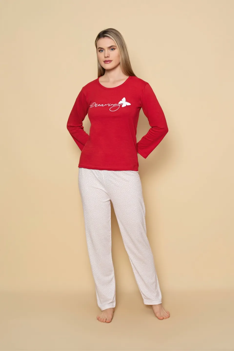 Pijama damă cu mânecă lungă și pantaloni lungi asortați, imprimeu ,,Dreaming"