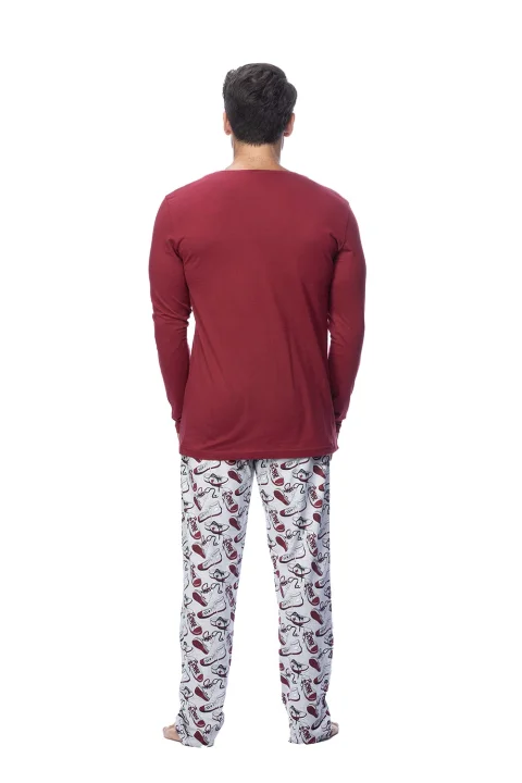 Pijamale Bărbați din Bumbac, Rosu cu Imprimeu Tenesi, Pantaloni și Mâneci Lungi