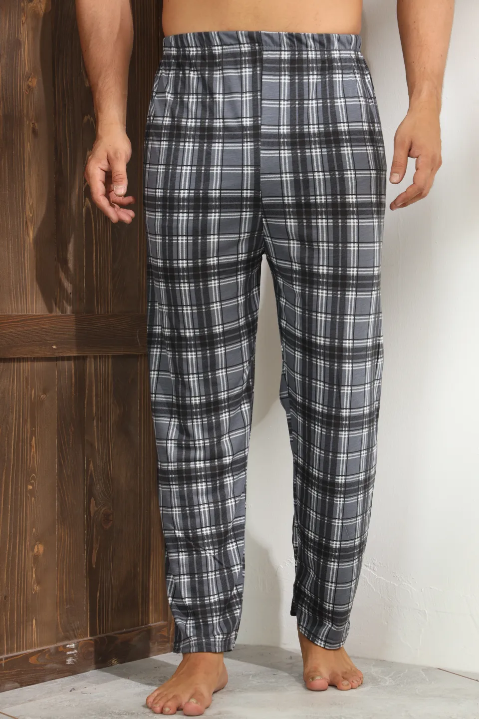 Pantaloni pijama bărbați gri cu linii albe în carouri, croială lejeră-big size