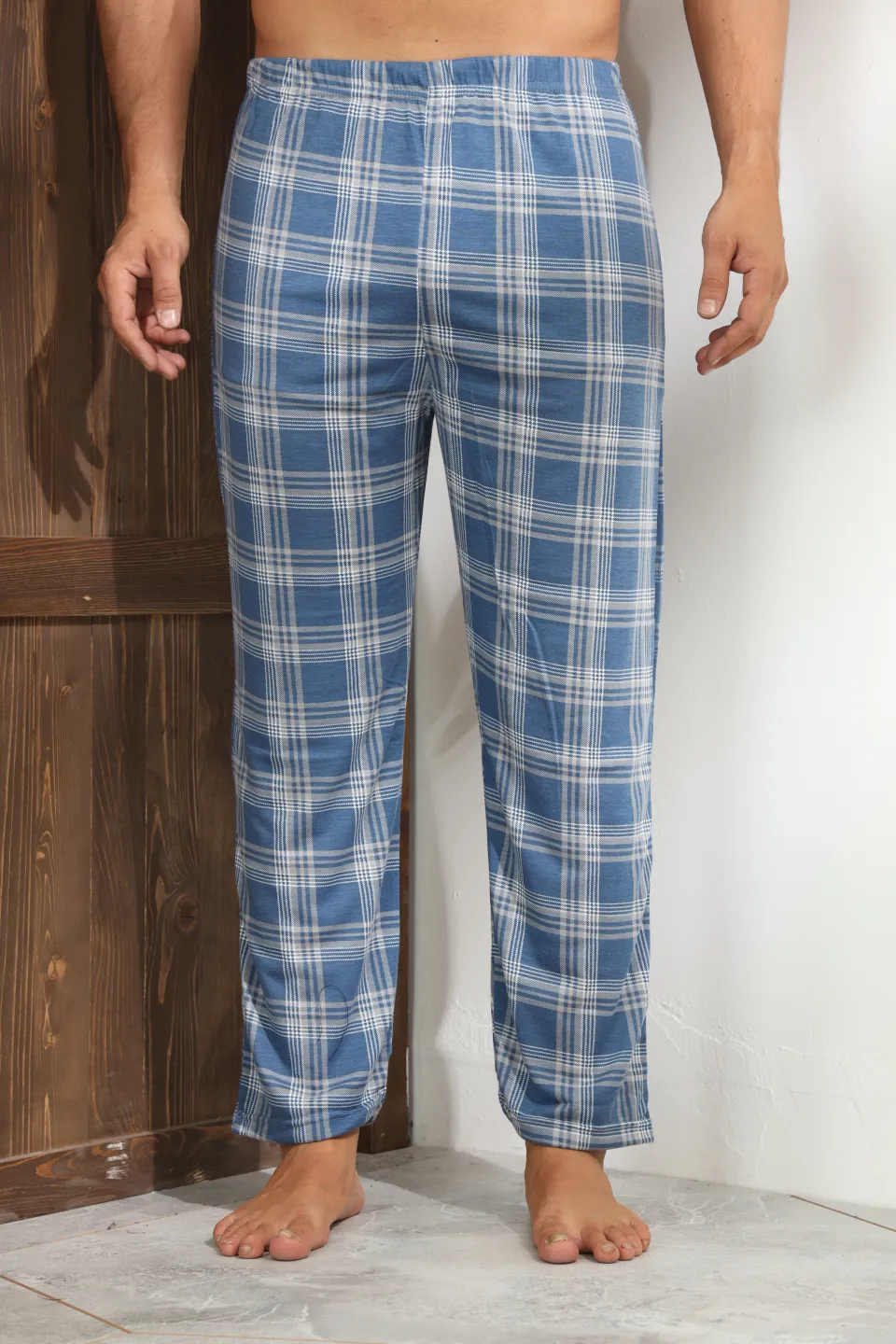 Pantaloni pijama bărbați albastri cu gri în carouri, croială lejeră-big size