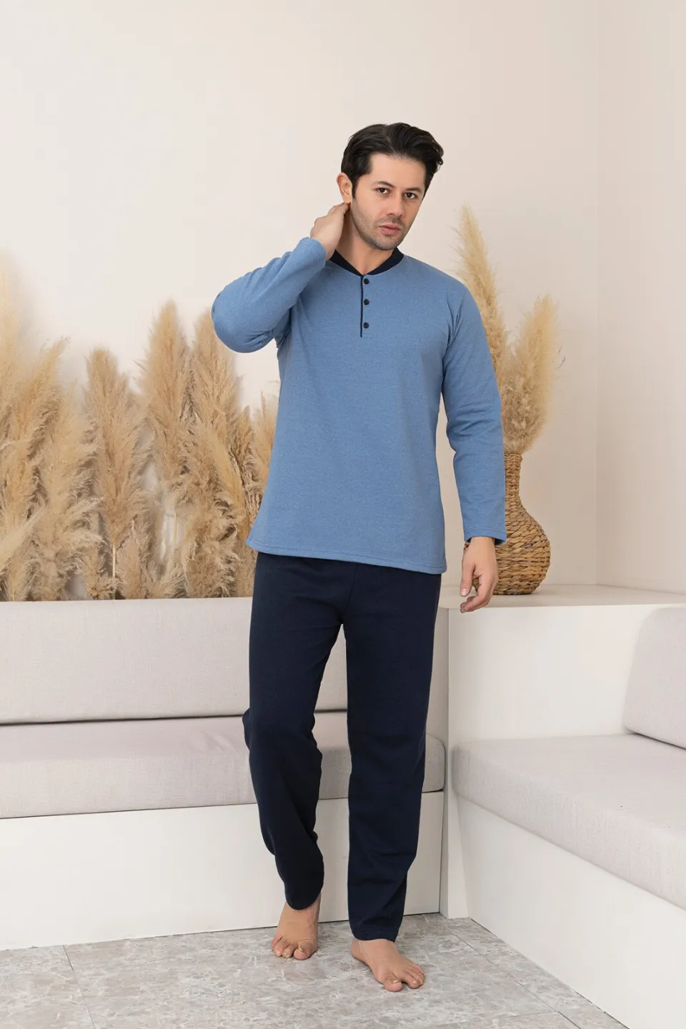 Pijama Bărbați Big Size – Flausată pe Interior, Bluza Albastru Deschis & Pantaloni Bleumarin