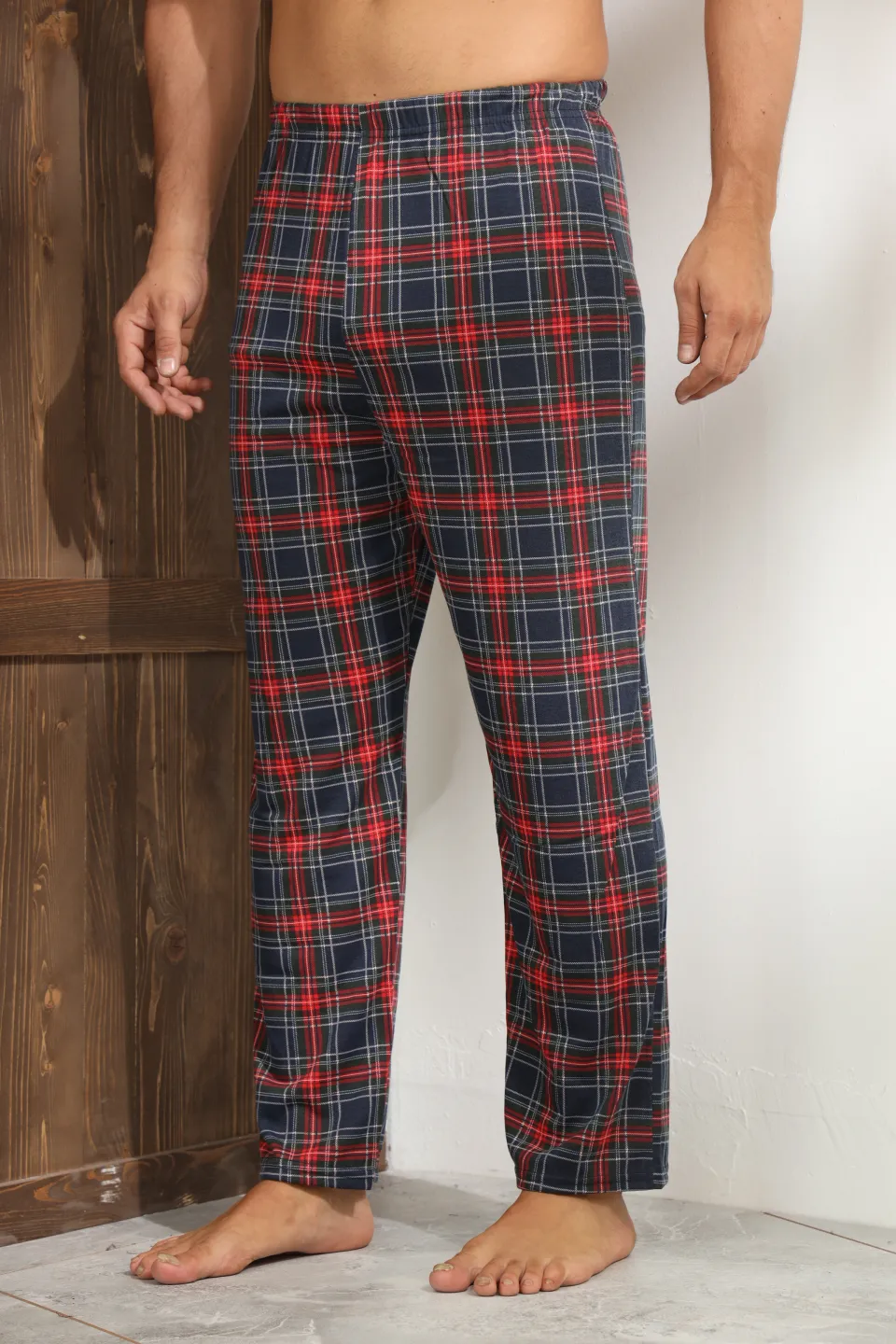Pantaloni pijama bărbați albastru închis cu carouri roșii – croială lejeră