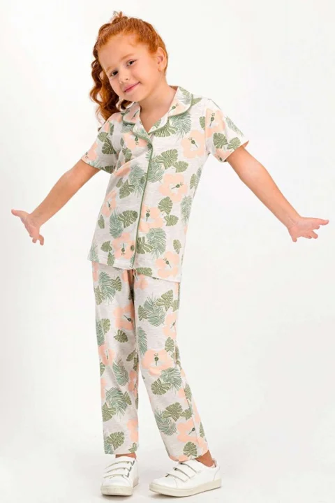 Pijama pentru copii cu cămașă și pantaloni lungi, imprimeu exotic