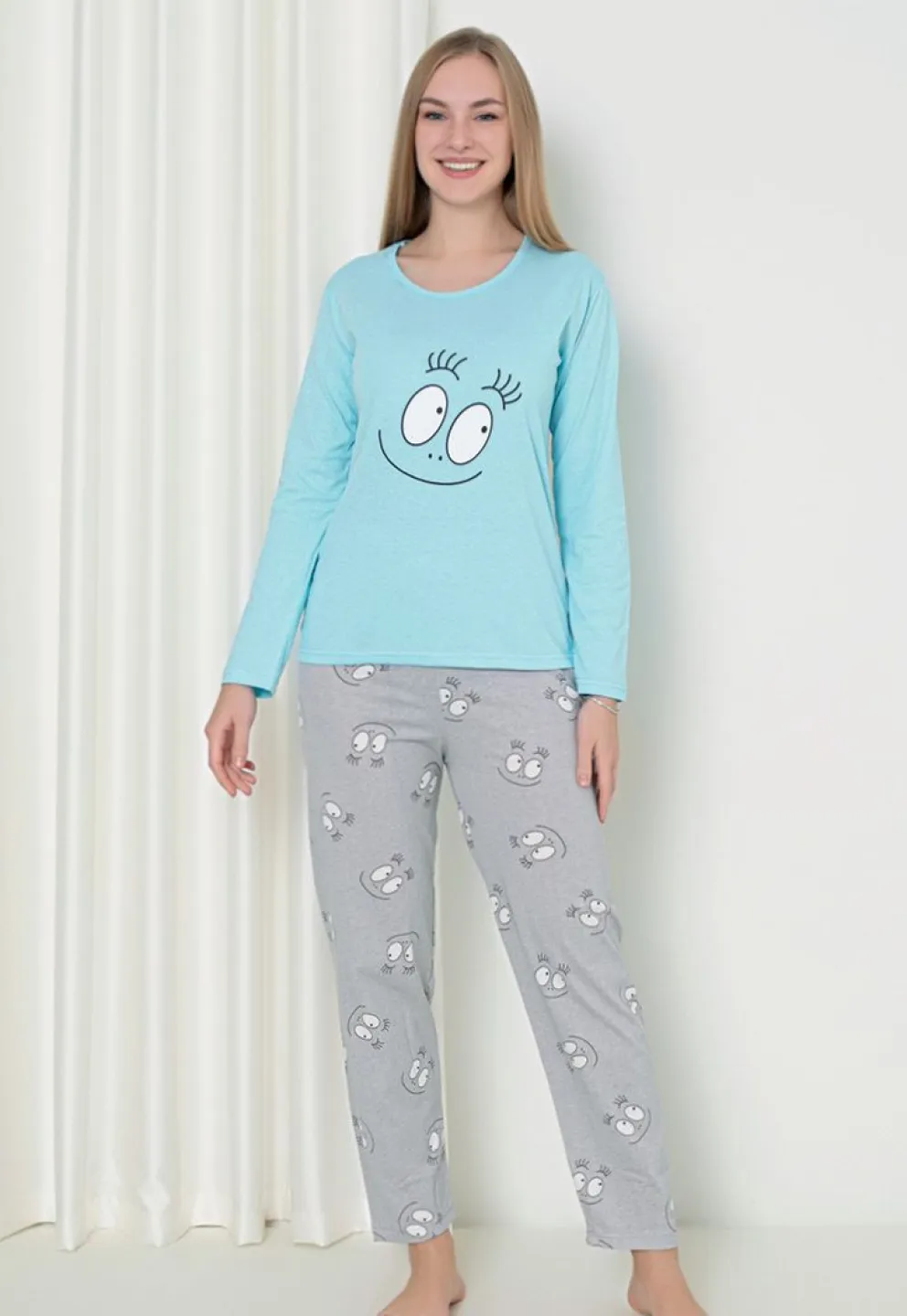 Pijama damă cu mânecă lungă și pantaloni lungi, imprimeu ,,Happy Face'', culoare turcoaz