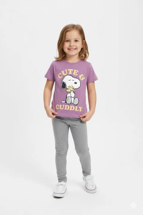 Pijama fetițe mov cu imprimeu „Cute & Cuddly” – bumbac 100%