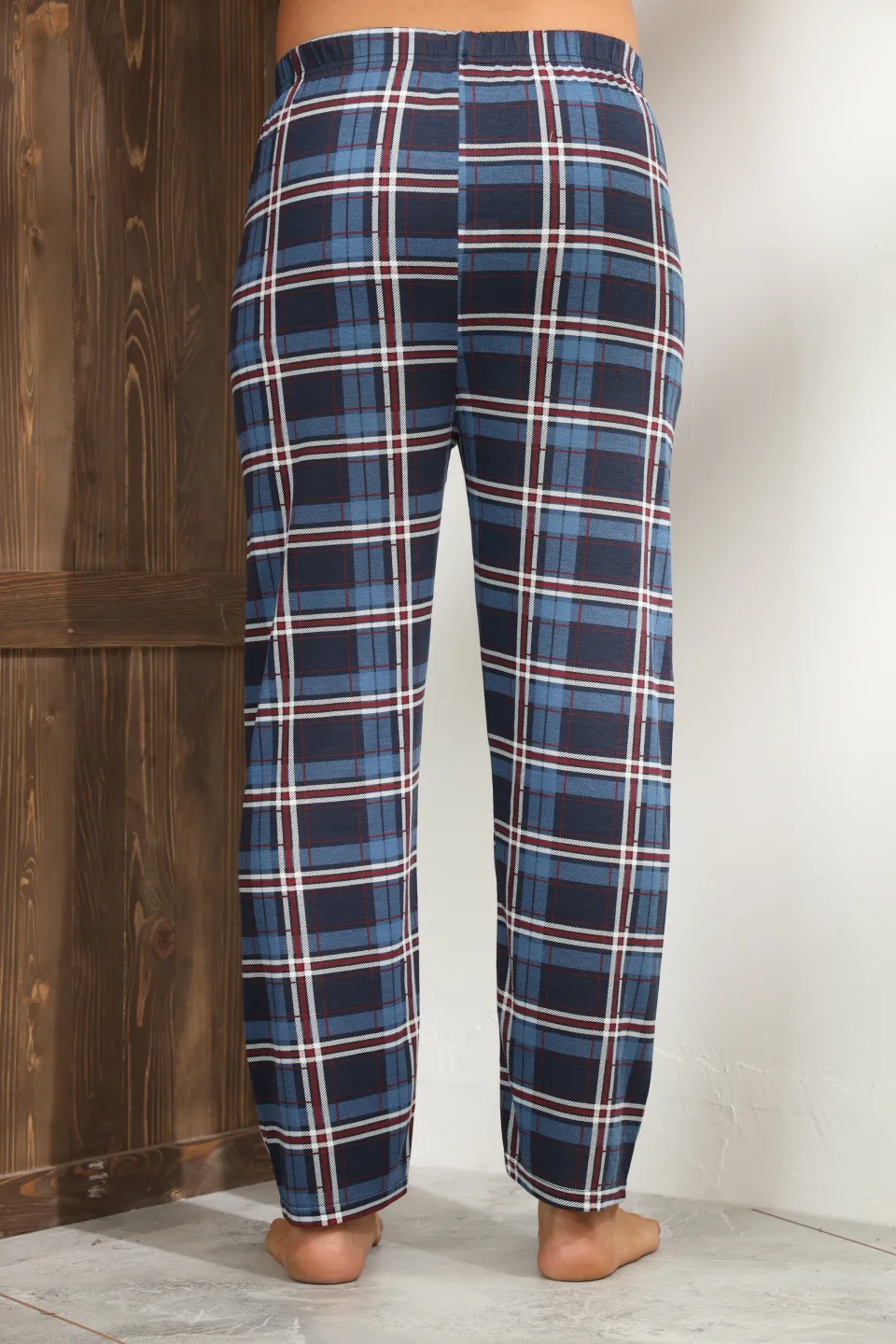 Pantaloni pijama bărbați albastru cu carouri roșii și albe, croială lejeră