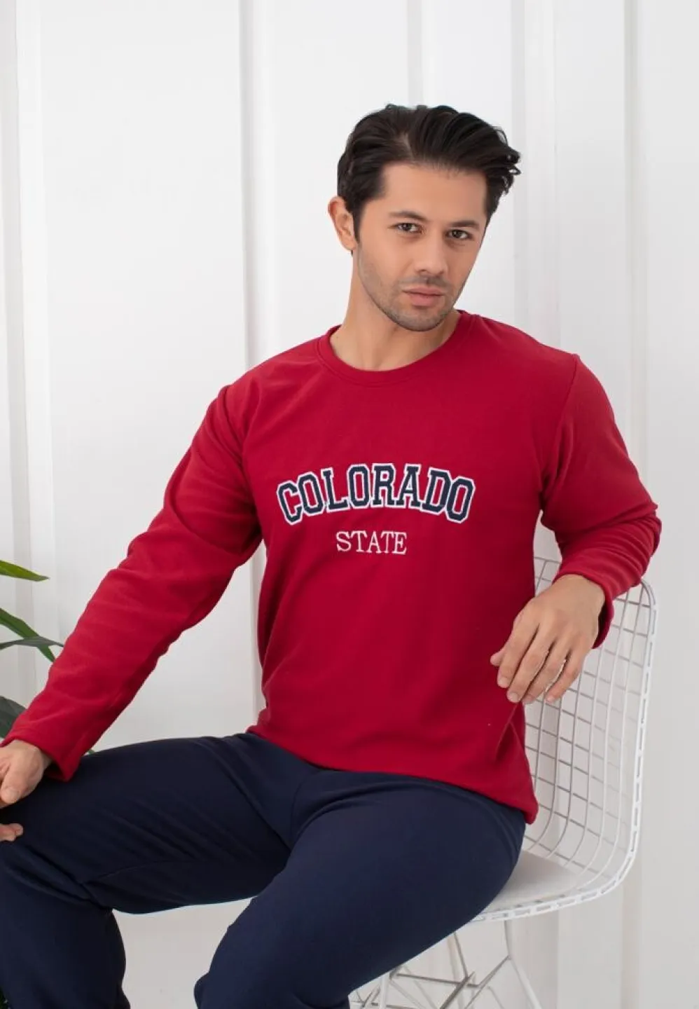 Pijama bărbați pentru sezonul rece vișiniu & bleumarin „COLORADO STATE” – material polar