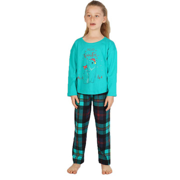 Pijama copii, mânecă lungă, pantalon lung, imprimeu Hello Winter, VERDE