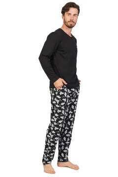 Pijamale Bărbați din Bumbac, Negru cu Imprimeu Mașinuțe, Pantaloni și Mâneci Lungi