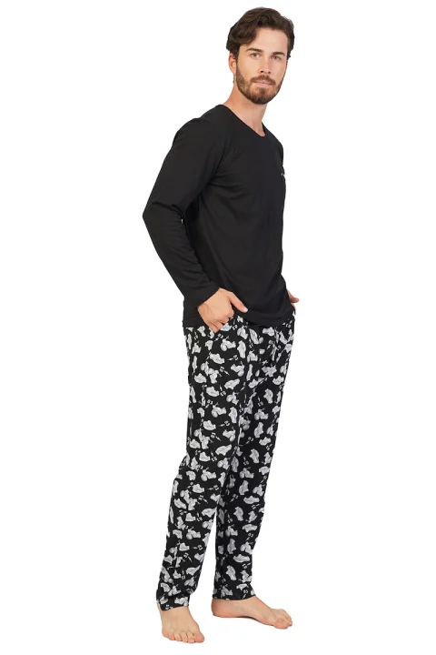 Pijamale Bărbați din Bumbac, Negru cu Imprimeu Mașinuțe, Pantaloni și Mâneci Lungi