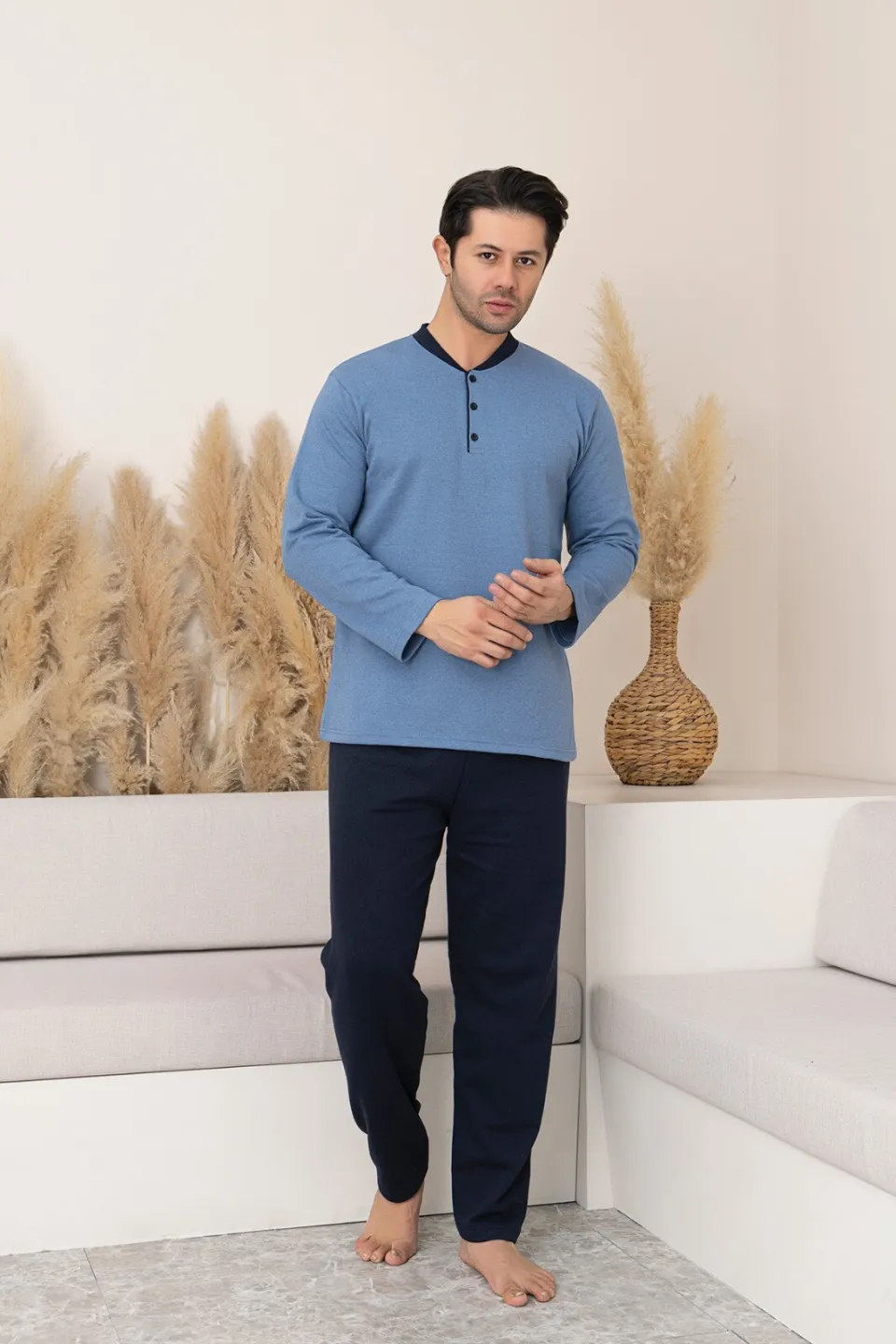 Pijama Bărbați Big Size – Flausată pe Interior, Bluza Albastru Deschis & Pantaloni Bleumarin
