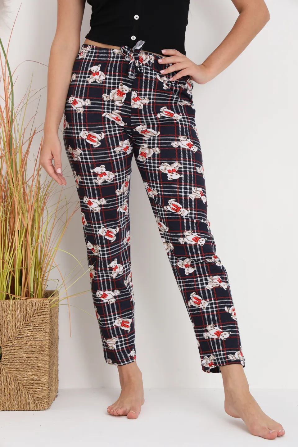 Pantaloni de pijama damă cu carouri și ursuleți, croială lejeră, bumbac & poliester