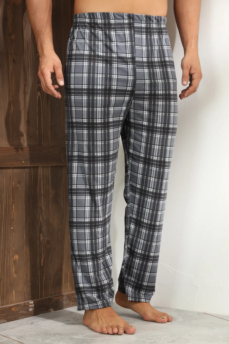 Pantaloni pijama bărbați gri cu linii albe în carouri, croială lejeră-big size
