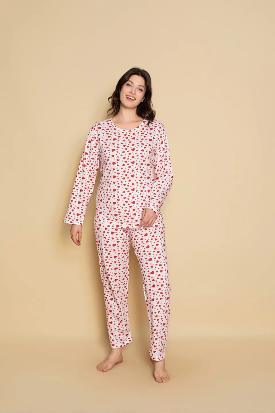 Pijama damă cu mânecă lungă și pantaloni lungi asortați, imprimeu cu inimioare